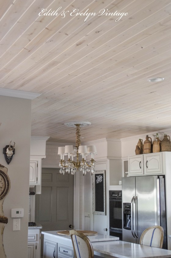 ceiling decorating ideas - planked ceiling with white pickling finish from Edith & Evelyn Vintage