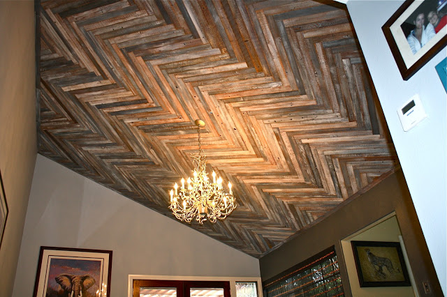 ceiling decorating ideas - reclaimed wood herringbone design on ceiling, via Make Me Pretty Again blog