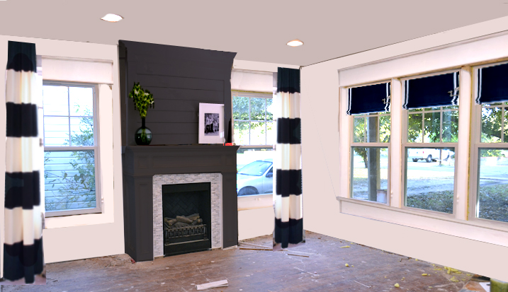 dining room with black fireplace and black and white striped draperies