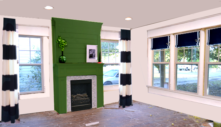 dining room with green fireplace and black and white curtains