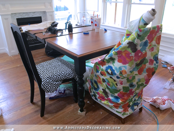 dining room fail - black chair with greek key fabric, floral waercolor fabric