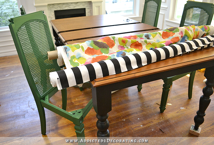 dining table and chairs progress - black farmhouse table with green cane back chairs - 3