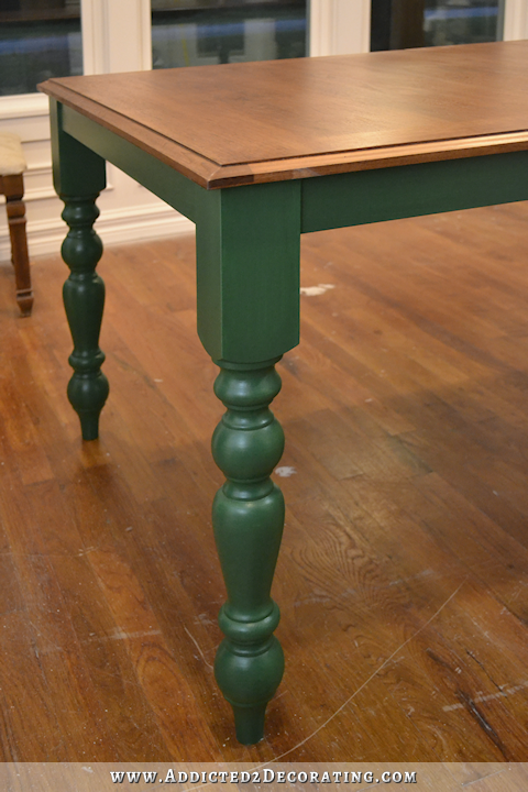 diy farmhouse dining table - stained top with dark green apron and legs - 1