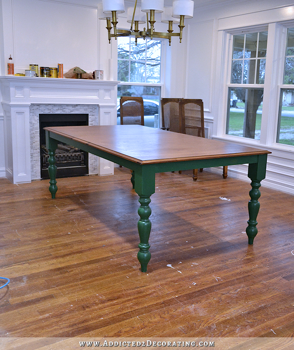 diy farmhouse dining table - stained top with dark green apron and legs - 2
