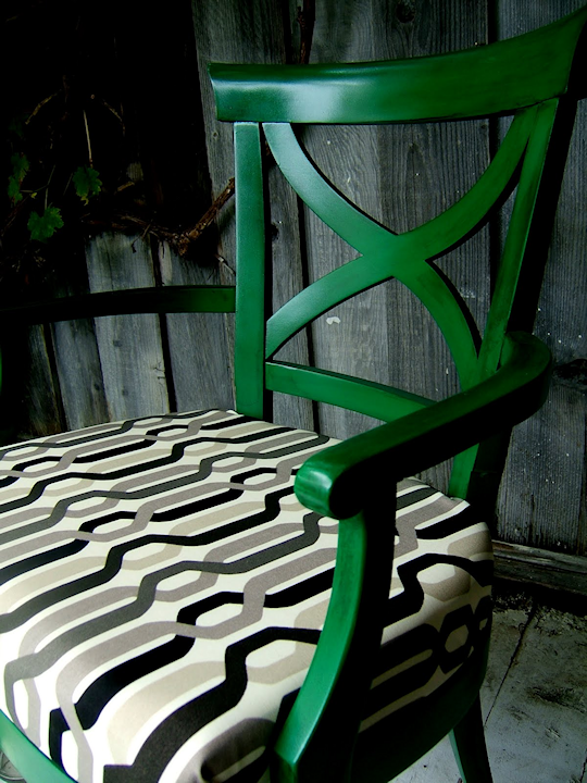 green chair with black and white fabric covered seat, via Nine Red blog