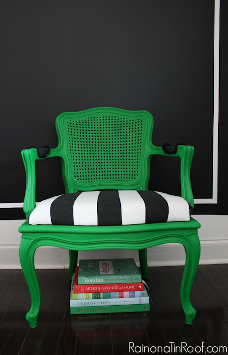 green chair with black and white striped fabric seat, via Rain On A Tin Roof blog