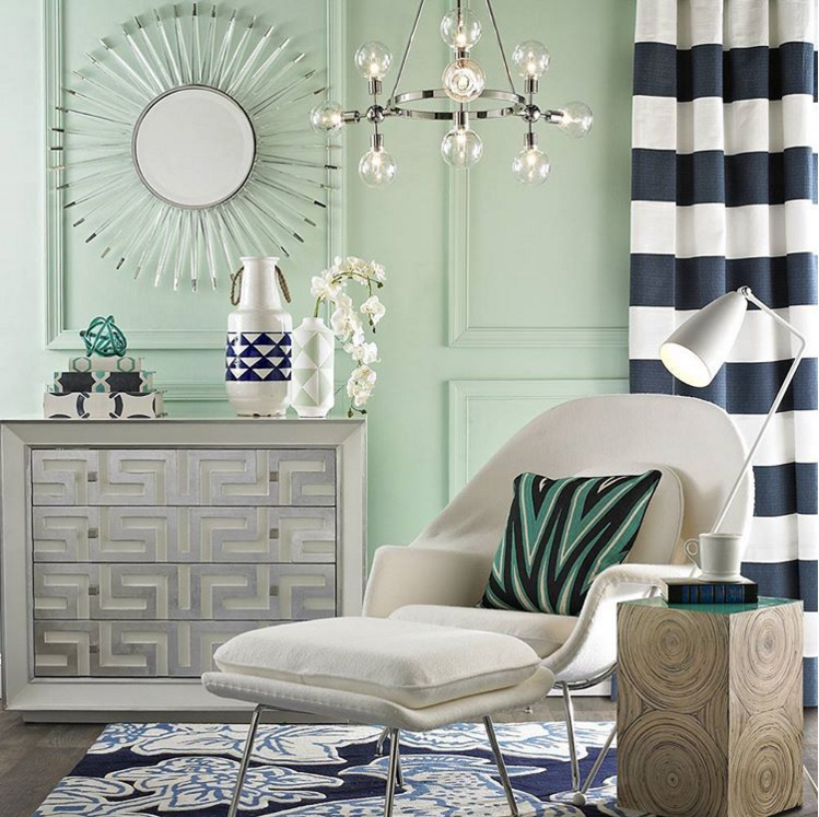 dining room and entryway plans - inspiration from Shades of Light 2015 catalog - green walls and navy blue and white striped curtains