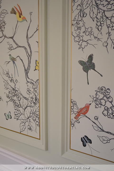 finished hand drawn bird and butterfly wall mural with gold gilding mural - 1