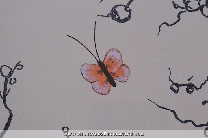 hand drawn bird and butterfly wall mural in entryway - 10