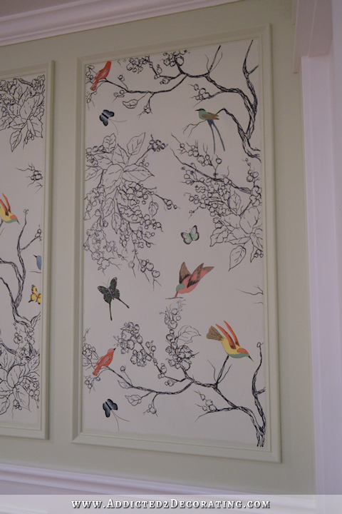 hand drawn bird and butterfly wall mural in entryway - 2