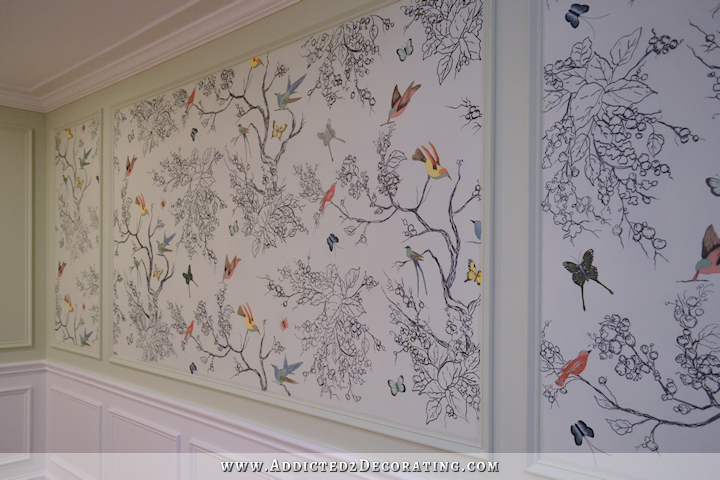 hand drawn bird and butterfly wall mural in entryway - 3