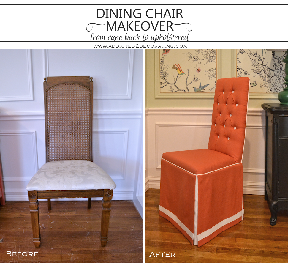 dining chair makeover - before and after - from cane back to fully upholstered with tufted back and skirt - 2