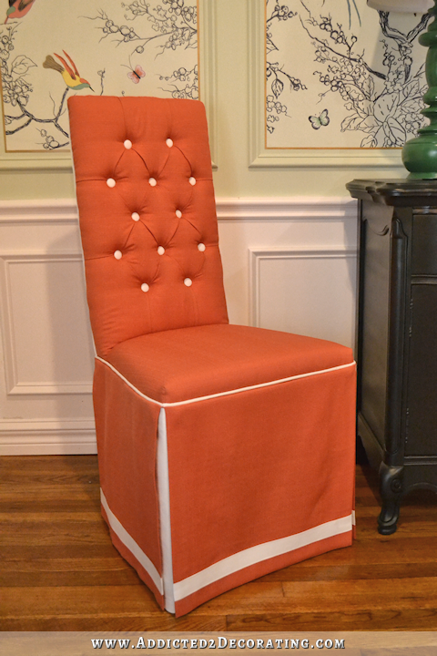 Dining Chair Makeover – From Cane Back To Fully Upholstered With Tufted Back and Skirt