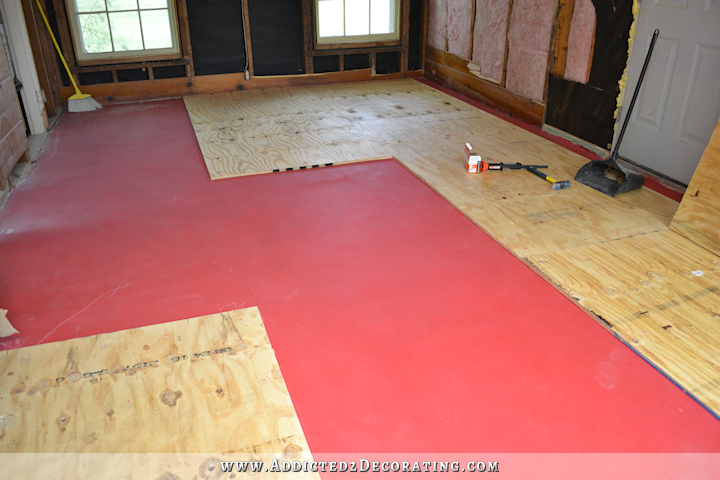 Breakfast room subfloor - install plywood subfloor over concrete slab using subfloor adhesive and a Ramset powder actuated nailer - 4