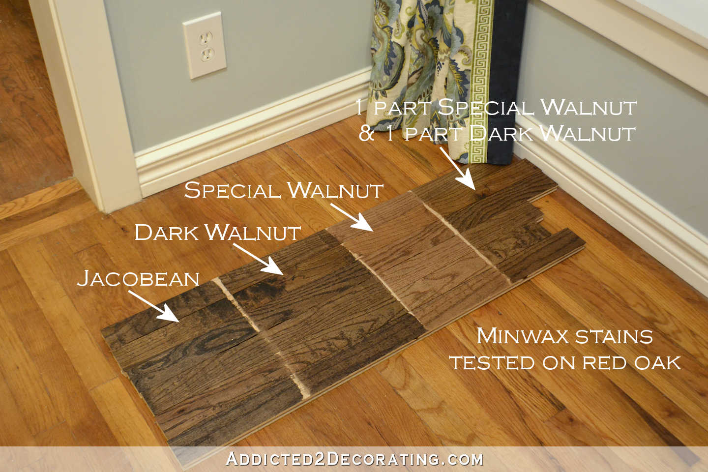 Minwax stain colors tested on red oak hardwood flooring - Jacobean,, Dark Walnut, Special Walnut - 1