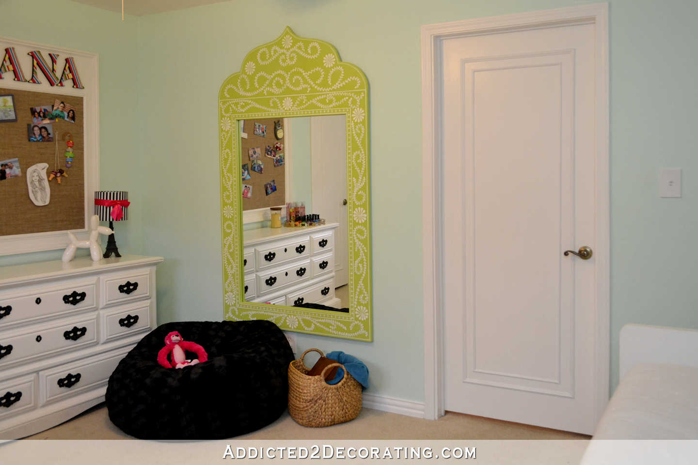 Yaleana's Bedroom - after 10 - painted dresser, oversized personalized bulletin board, hand painted vine and floral mirror