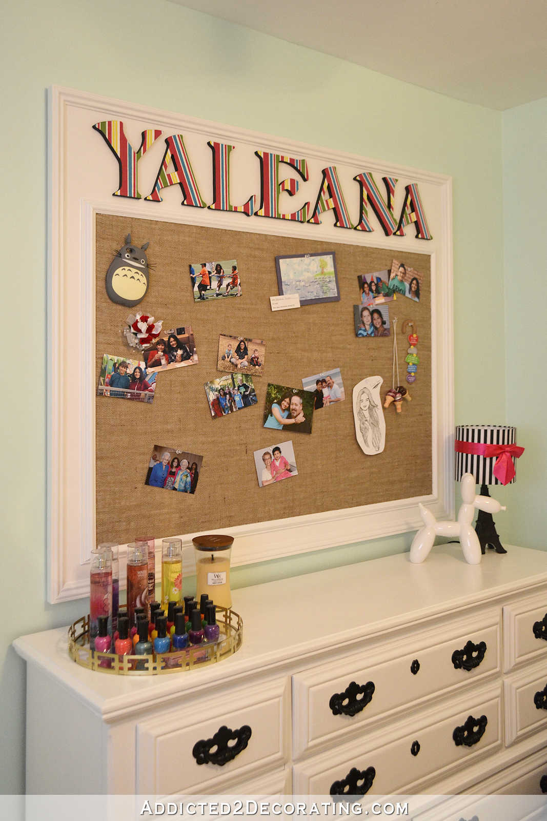 Yaleana's Bedroom - after 13 - oversized customized bulletin board, painted dresser