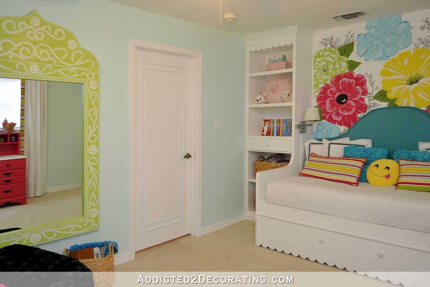 Yaleana's Bedroom - after 14 - hand painted flower and vine mirror, built in bookcases and daybed