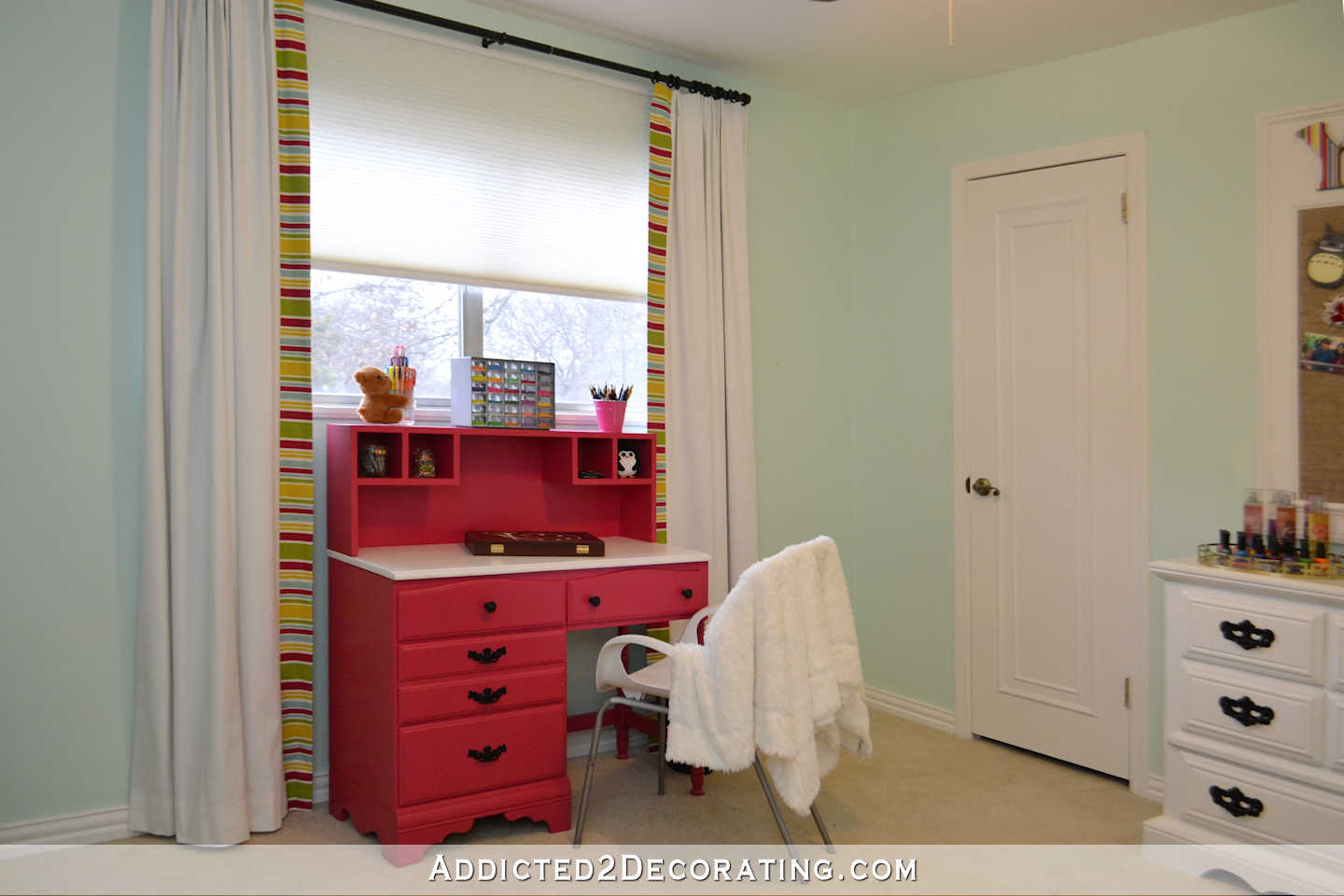 Yaleana's Bedroom - after 8 - thrift store desk makeover and custom draperies with striped accent on leading edge