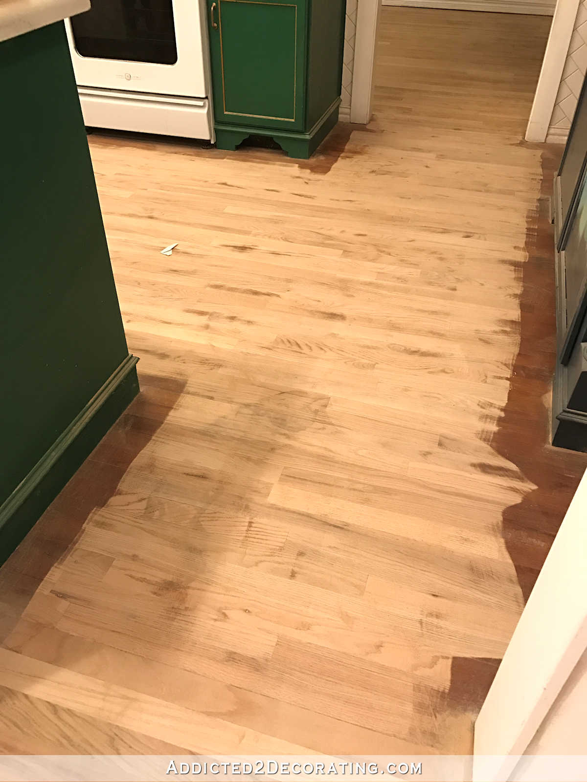 red oak hardwood floors sanded before staining - kitchen