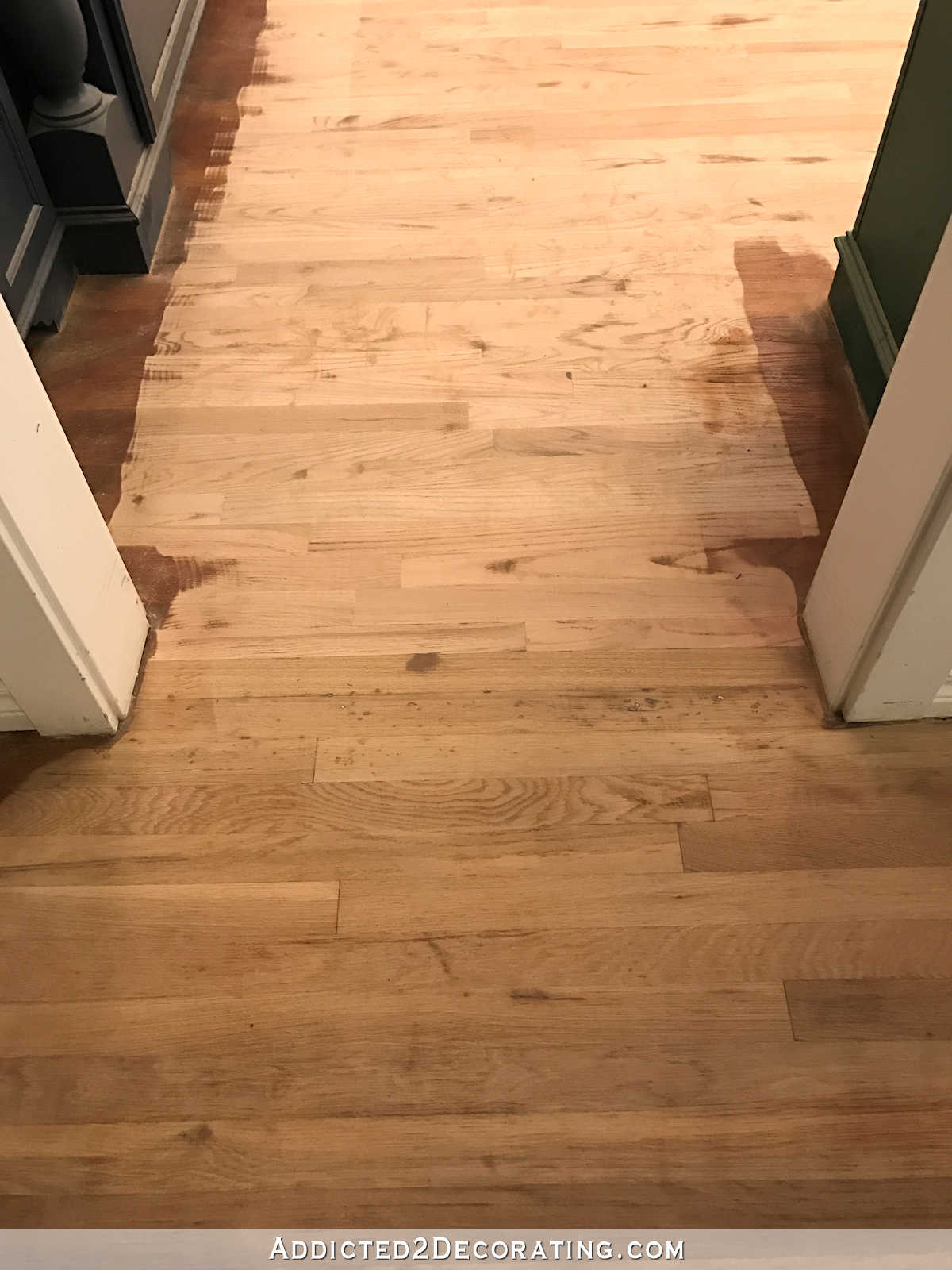 red oak hardwood floors sanded before staining - music room to kitchen