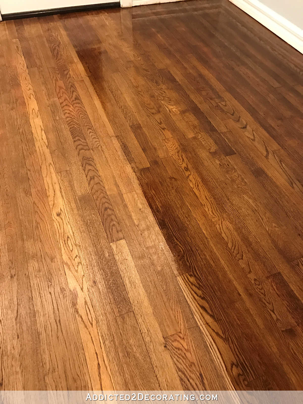 refinishing red oak hardwood floors - adding stain to first coat of polyurethane to darken the color - 2