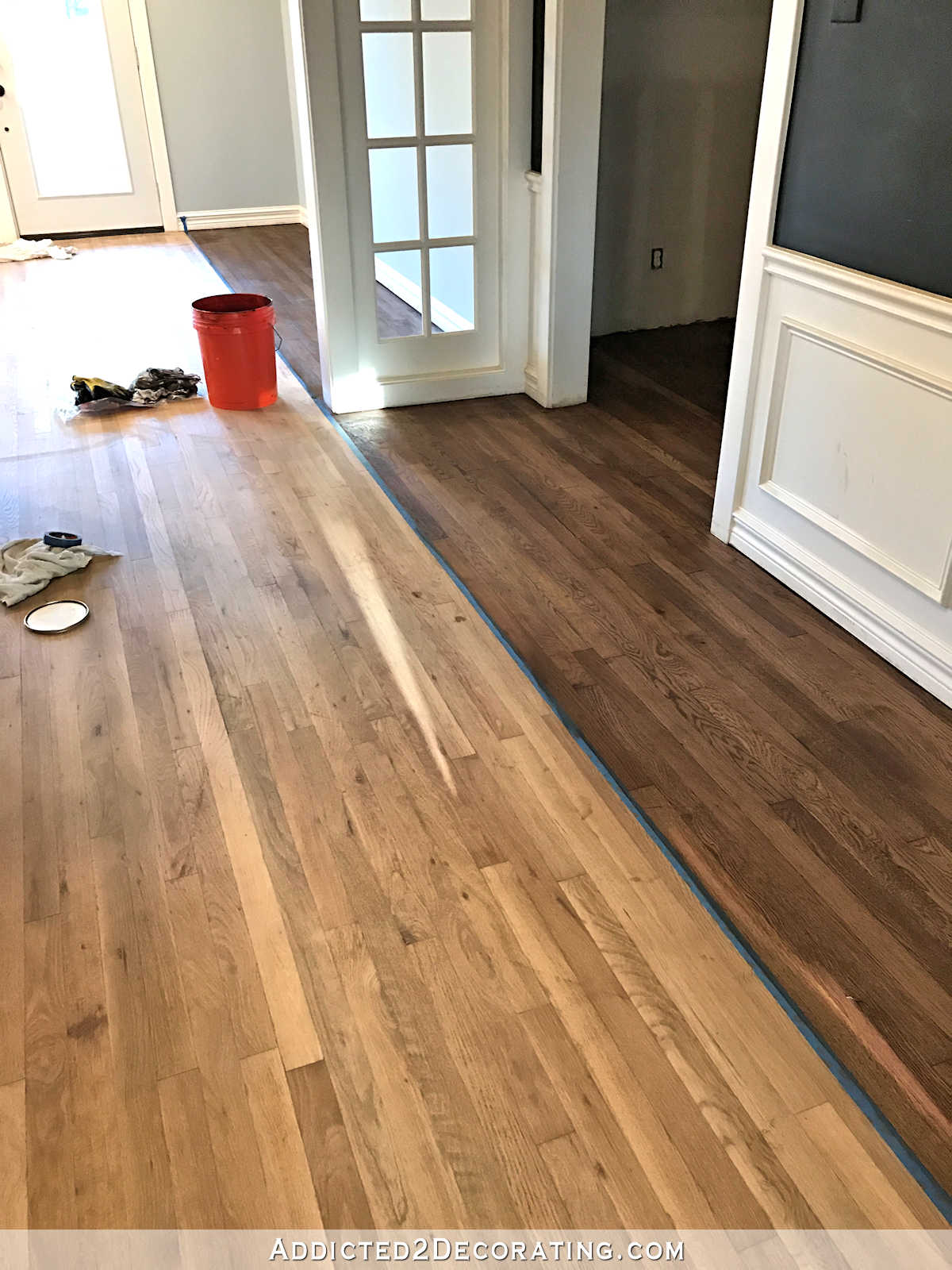 staining red oak hardwood floors - 6 - stain on partial floor in entryway and music room