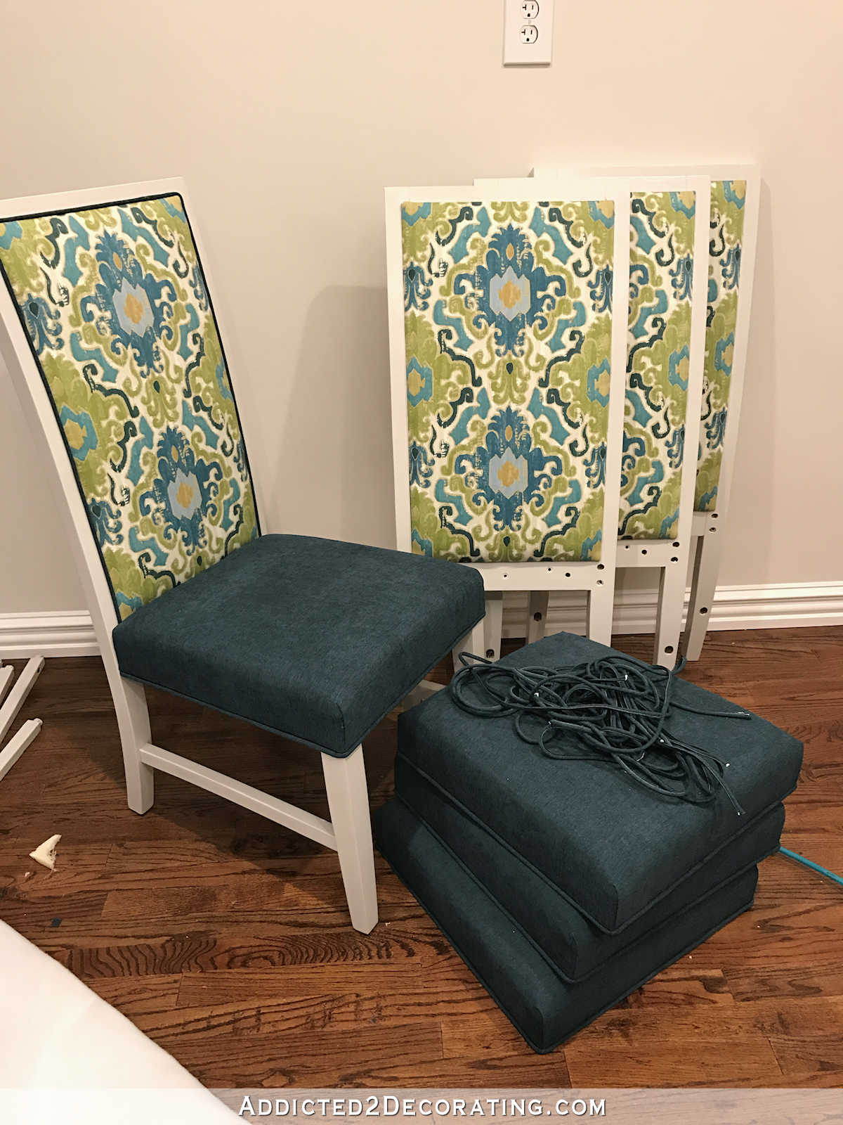 breakfast room dining chair makeover - backrests with cord and without cord