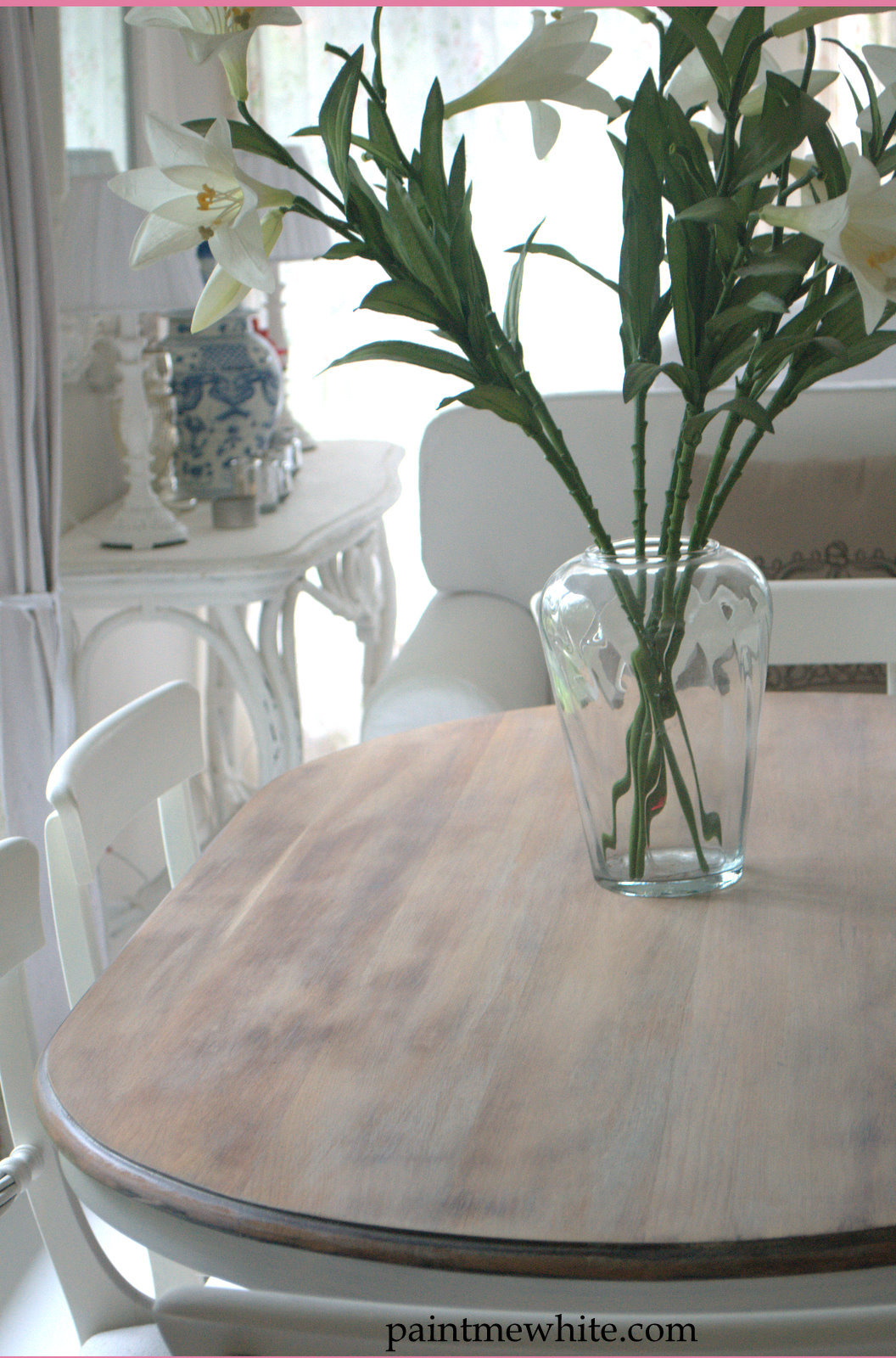 dining table makeover from Paint Me White - table after with whitewashed wood top