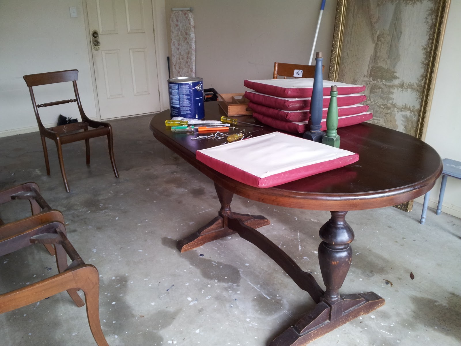 dining table makeover from Paint Me White - table before with heavy, dark stained finish