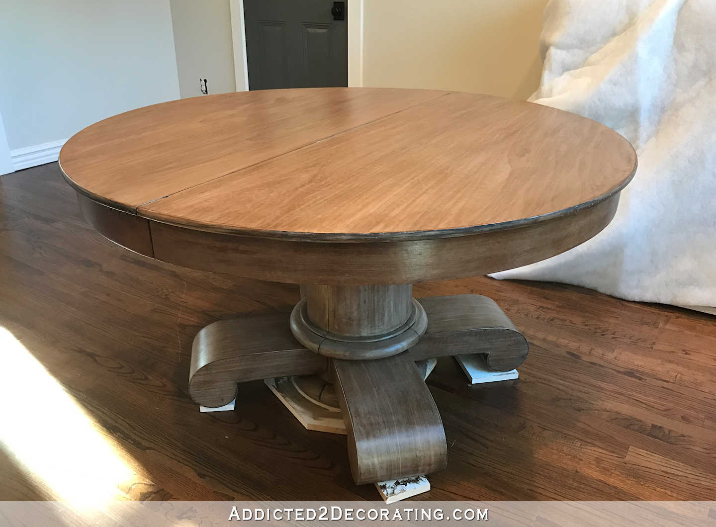 breakfast room dining table makeover - finish toned down with stain