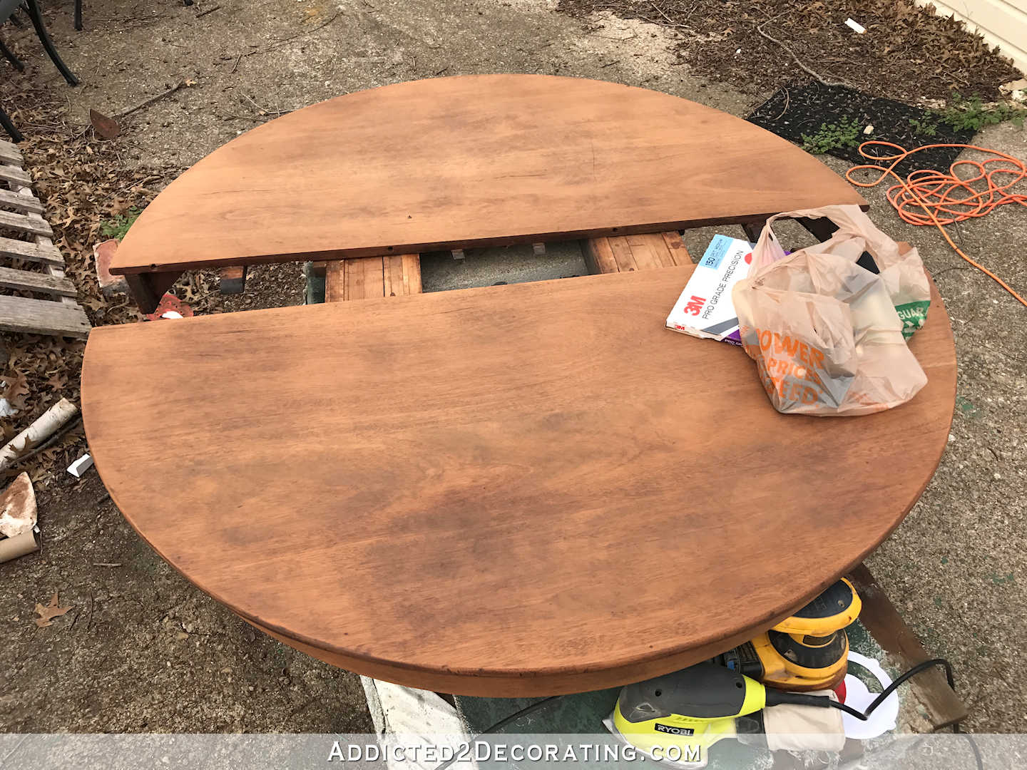 breakfast room dining table makeover - table top after stripping and sanding