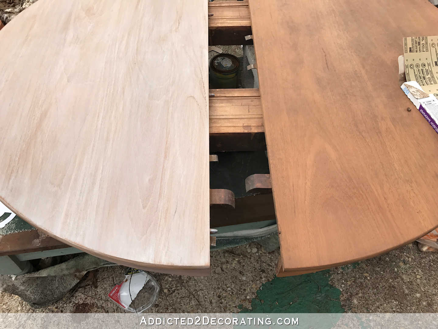 breakfast room dining table makeover - white stained wood compared to raw wood on table top