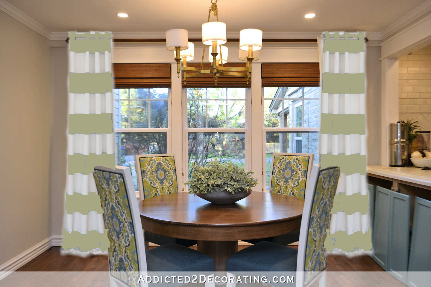 breakfast room mock up with striped curtains in green