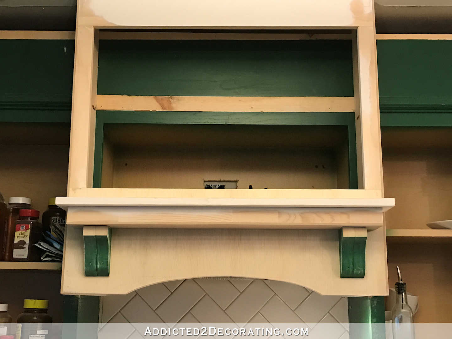 how to build a custom wood range hood cover - 24 - install shelf and corbels