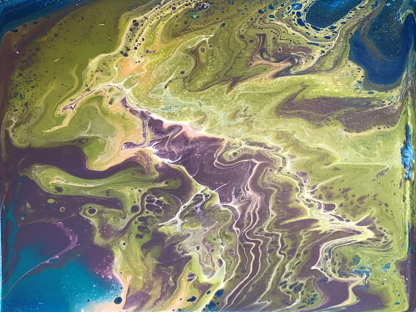 acrylic liquid pour artwork - 11 x 14 - purple, green, blue, white