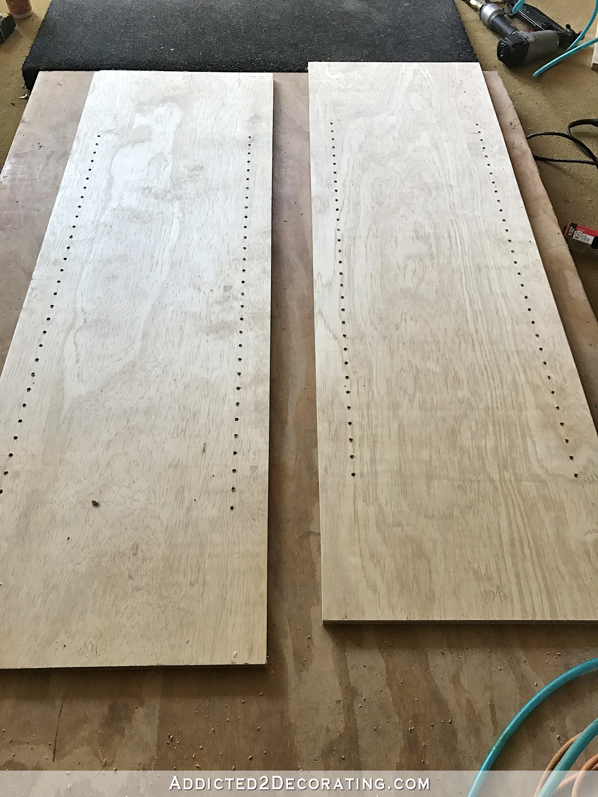 how to build cabinets- 14 - upper cabinet section - side pieces with shelf pin holes drilled