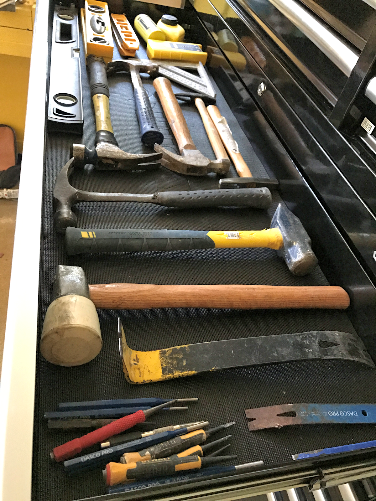 tool chest organization - levels hammers punches prybars