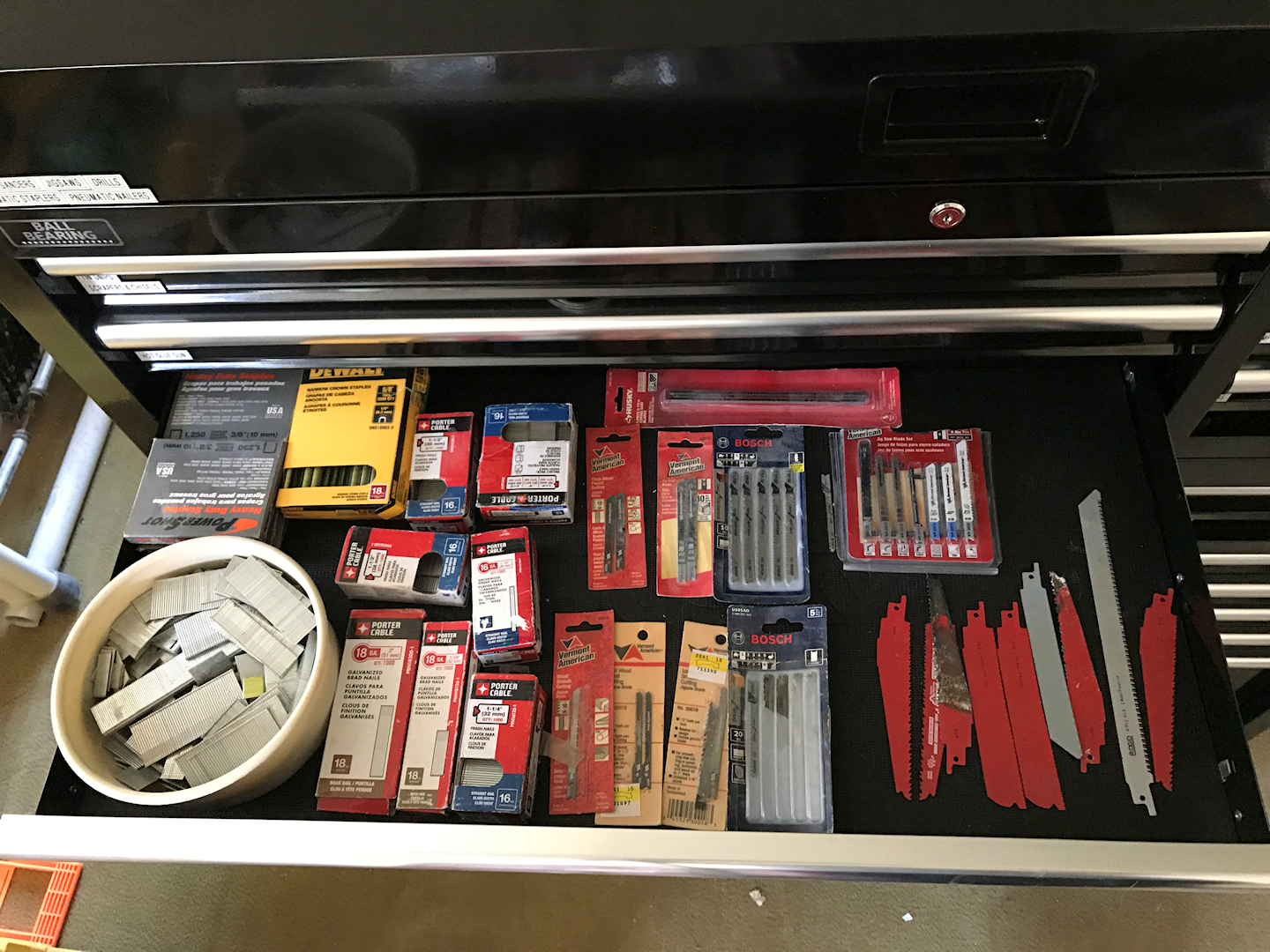 tool chest organization - nails staples and saw blades