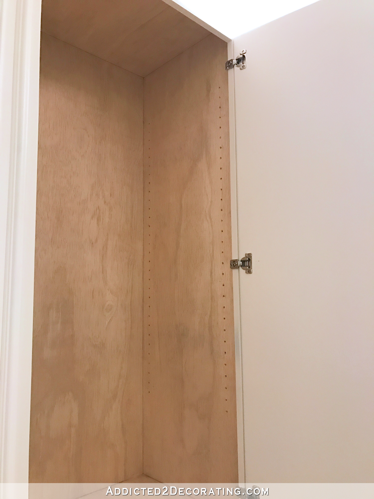 finished hallway cabinets - interior of upper cabinet with polyurethaned natural color plywood