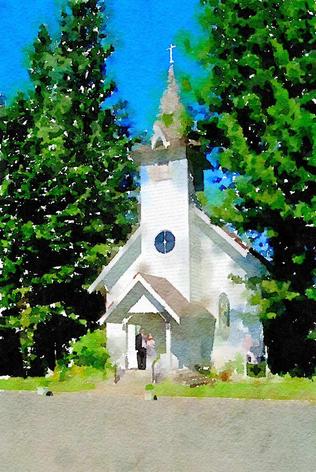 wedding day chapel picture turned into a watercolor using Waterlogue app