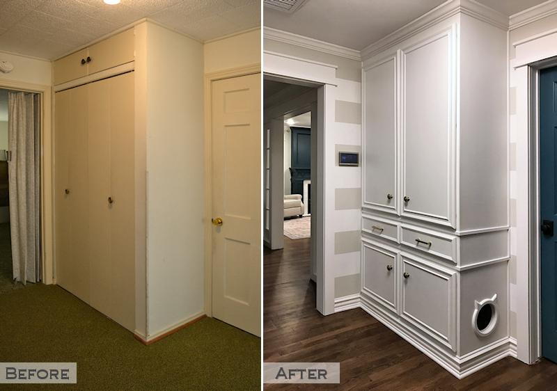 hallway remodel - before and after - old closet removed and new linen cabinet installed