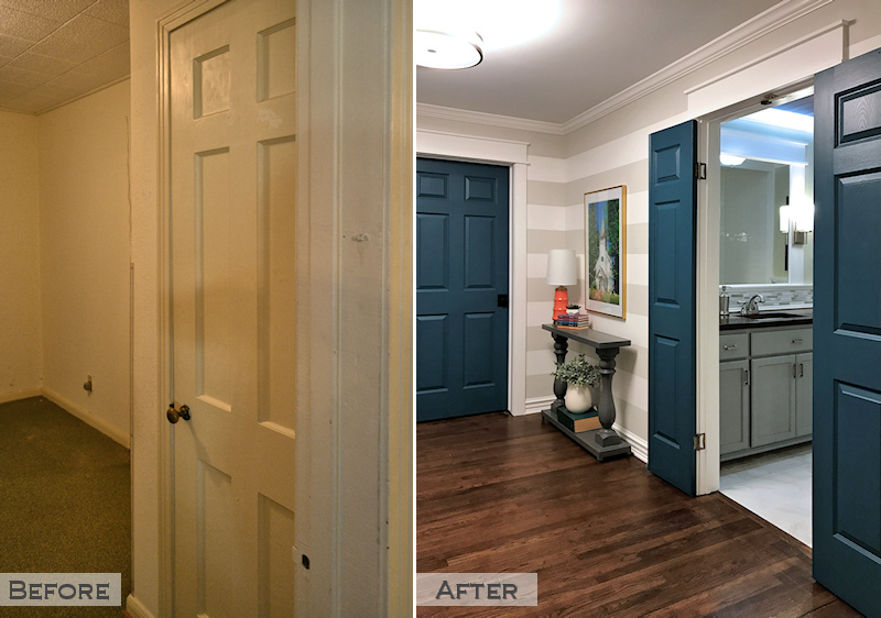 hallway remodel - before and after - green carpet removed, original hardwood floors refinished, closet removed, bathroom door widened