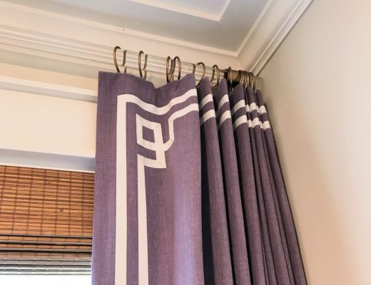 DIY lined plated draperies with Greek key accent on leading edge