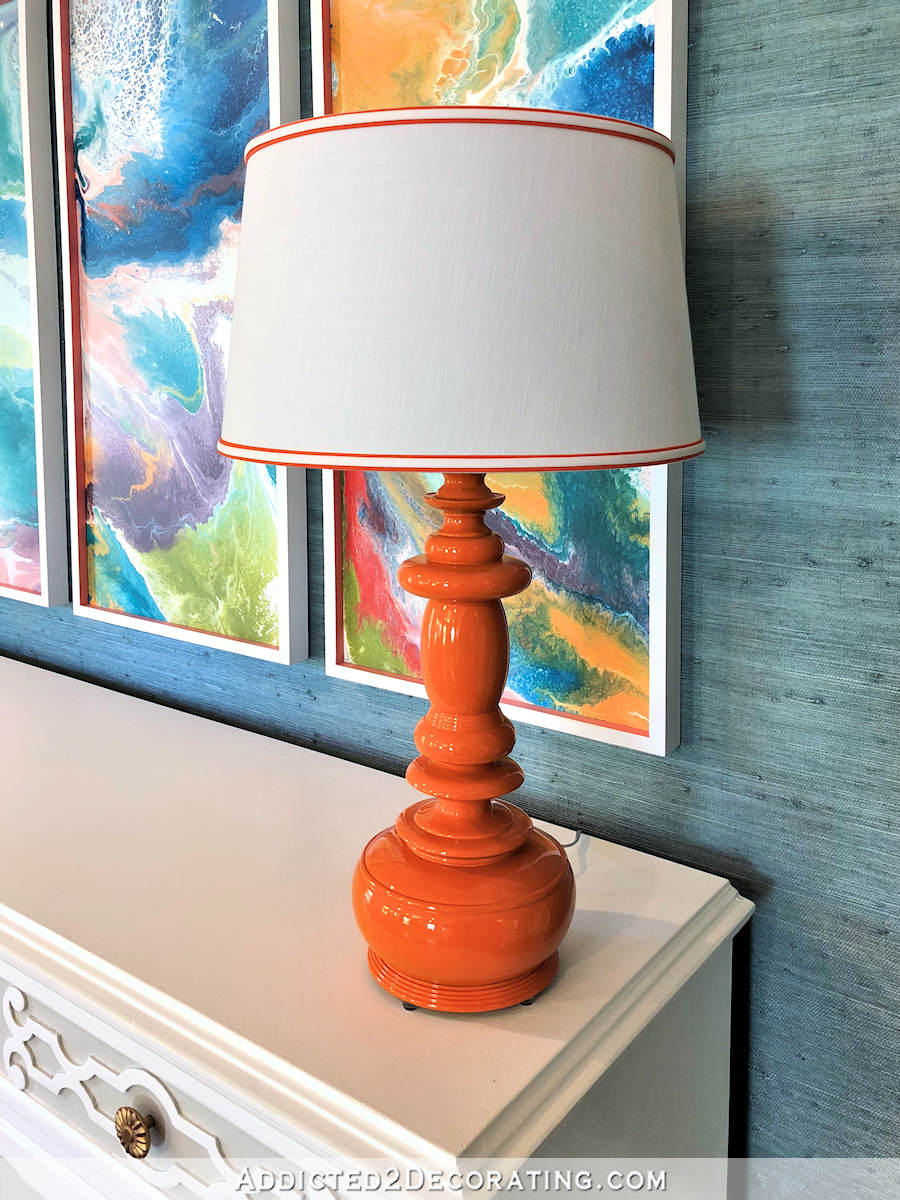 table lamp makeover - lacquered orange lamp with orange and white shade