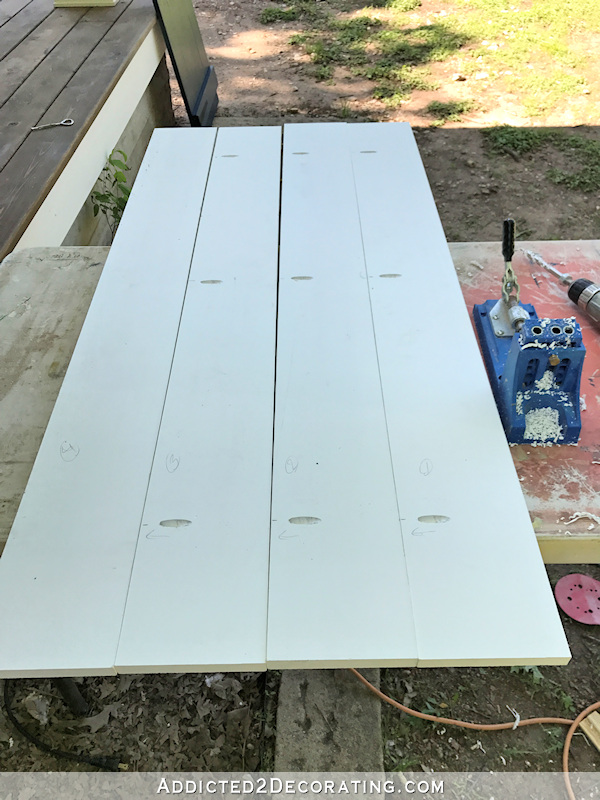 DIY board and batten shutters - drill pocket holes with Kreg Jig on the back of the boards