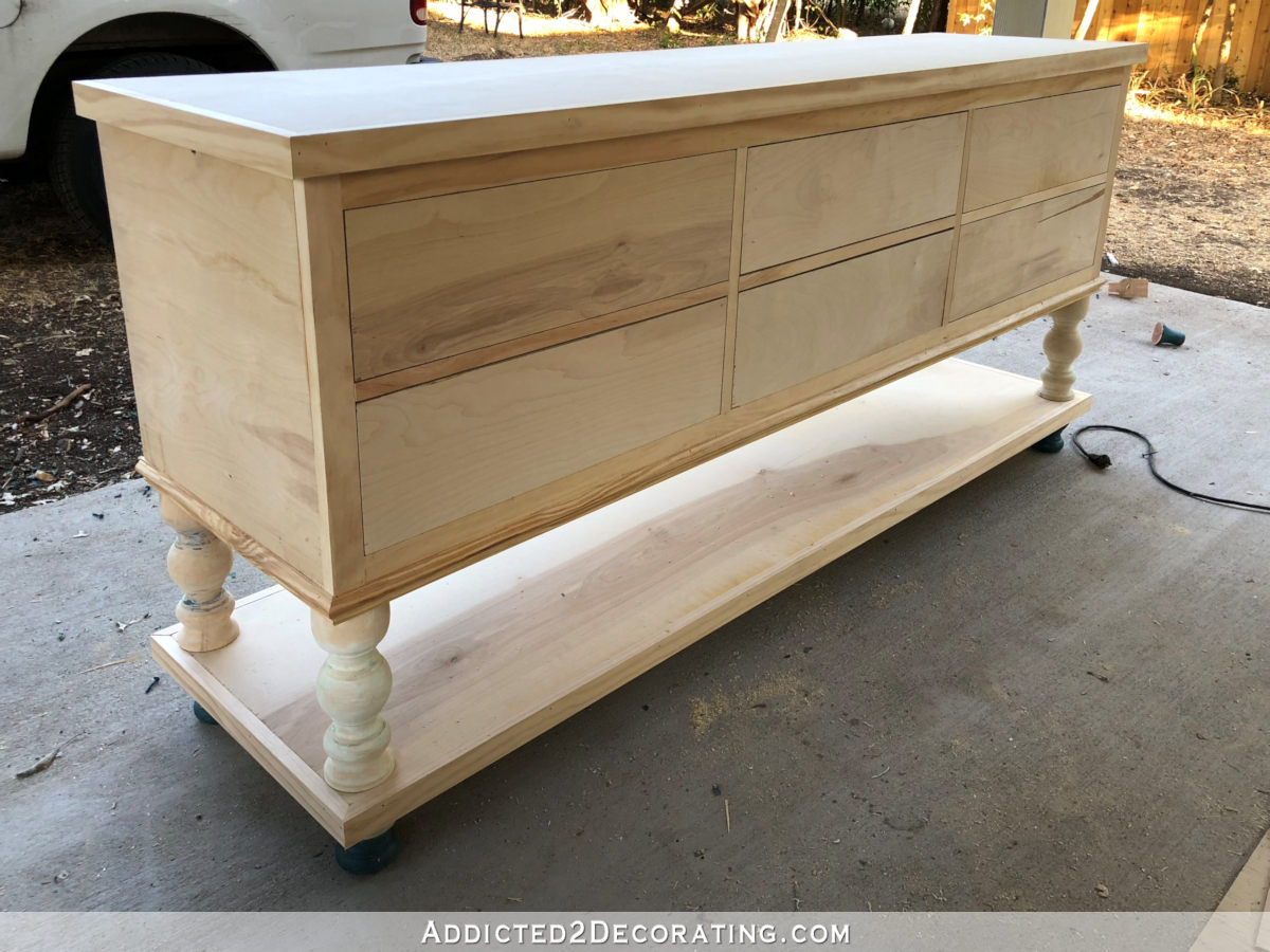 The DIY console table before grasscloth was added to the drawer fronts.