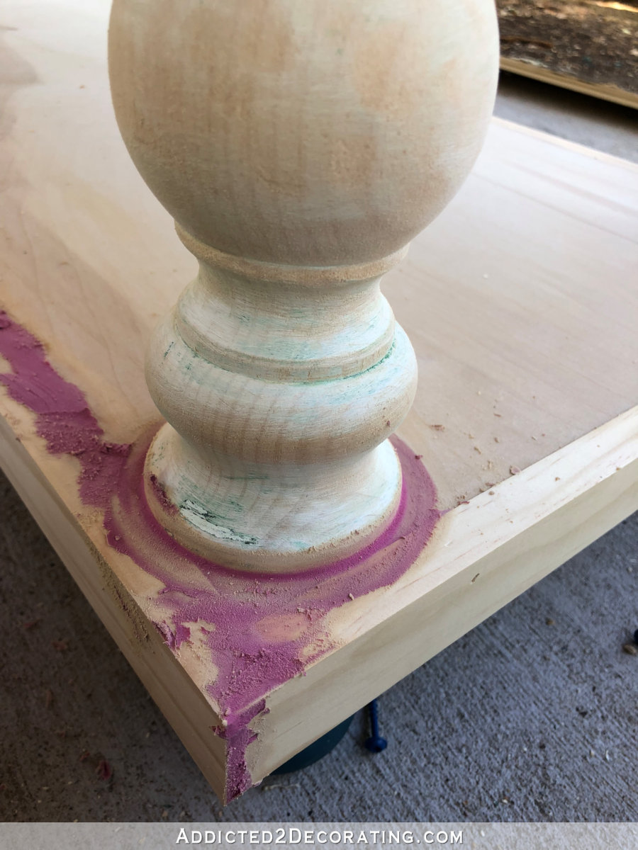 Turned legs on the bottom shelf of the DIY console table