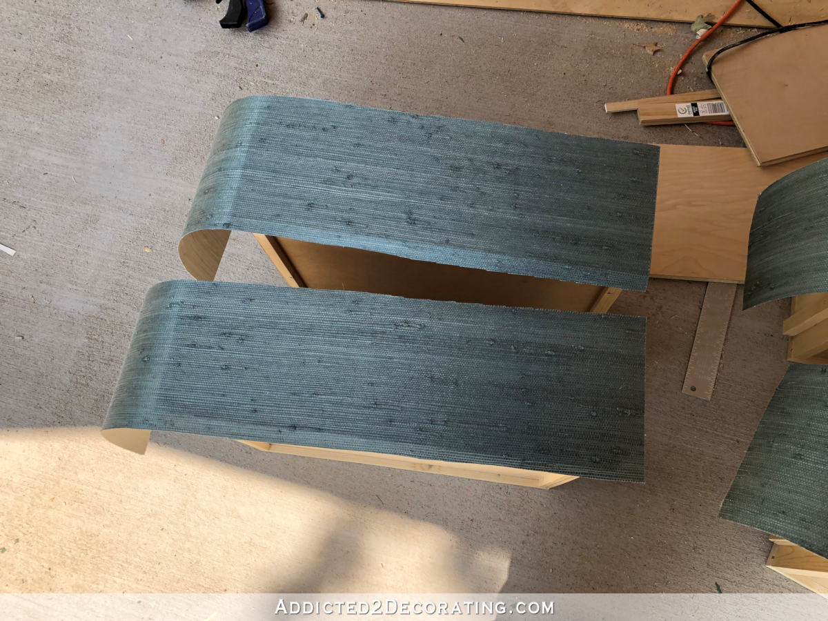 DIY console table in progress -- grasscloth drawer fronts, six drawers