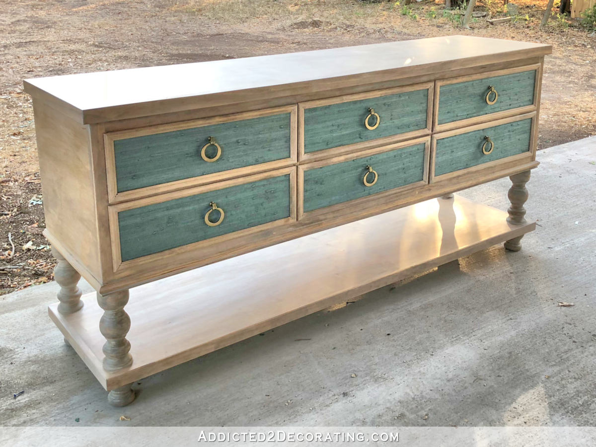 How to build a DIY console table -- six drawers, open shelf below, grasscloth drawer fronts